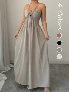 Women's A-Line Dress with Adjustable Straps, Stylish Lace-Up Detail for Summer, Casual Elegant Fashion for Women