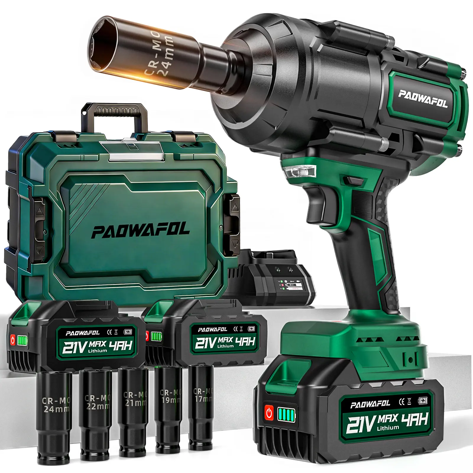 PAOWAFOL Cordless Impact Wrench, High Torque 1/2" Impact Gun with 2* 21V 4.0AH Battery, Fast Charger, 5 Sockets & Storage Case, Brushless Pistola De Impacto for Home Car Truck Tires