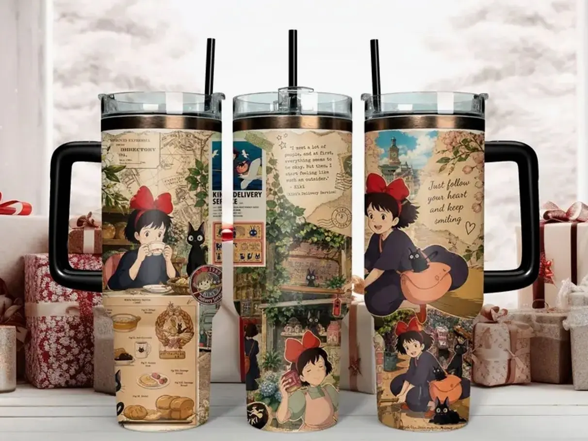 Studio Ghibli Kiki's Delivery Service 20oz/30oz/40oz Stainless Steel Tumbler – Double Wall Insulated Travel Mug Featuring Kiki & Jiji, Anime Fan Gift