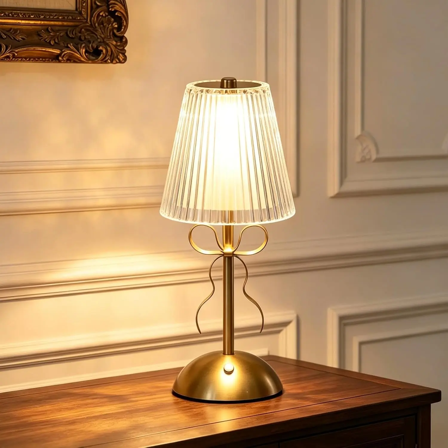 Cordless Crystal Table Lamp, Vintage Touch Control LED Desk Lamp with Bow Decor, 3 Color Dimmable Rechargeable Gold Lamp, Portable Bedside Light for Bedroom Living Room Restaurant