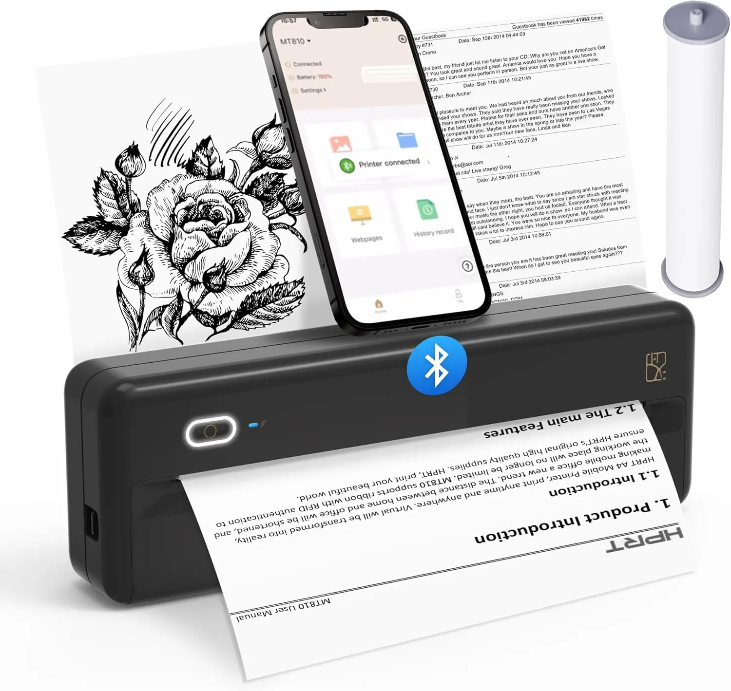 HPRT MT810 Portable Printer - Wireless Printer for Travel, Mobile Office, School, Home, Hand Bluetooth Thermal Printer Compatible with iOS Android