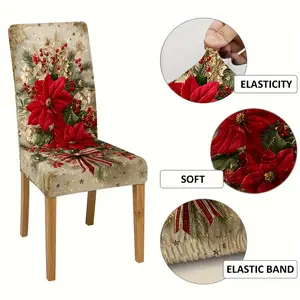 4/6pcs Christmas Poinsettia Printed Chair Covers Detachable and Washable Seat Protector Set for Dining Room Kitchen Banquet Hall Bedroom Office Living Room Home Decor