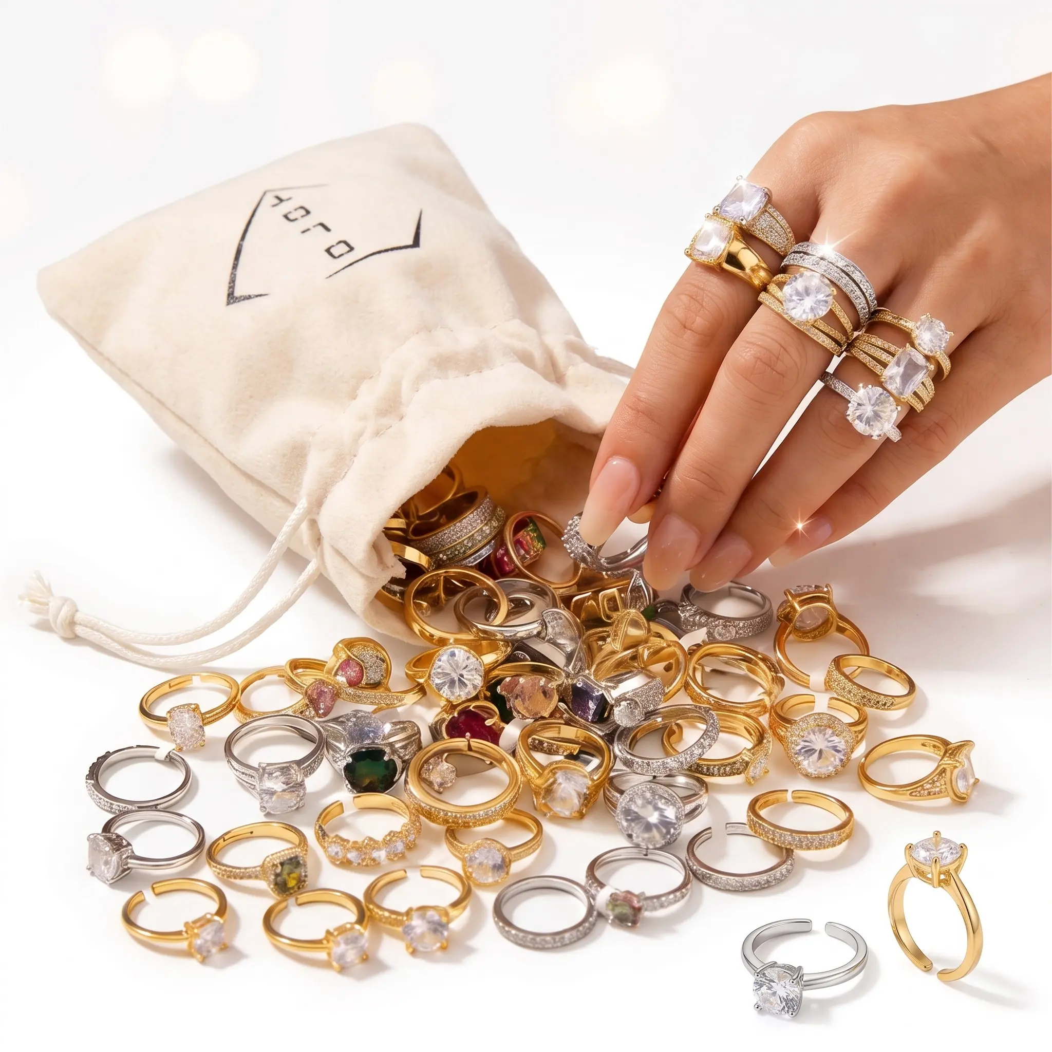 OLDT Mystery Ring Bundle - 14K Gold Plated & Silver Adjustable Assorted Rings for Women, Fashion Cubic Zirconia Blind Bag Surprise Gift for Teens and Besties