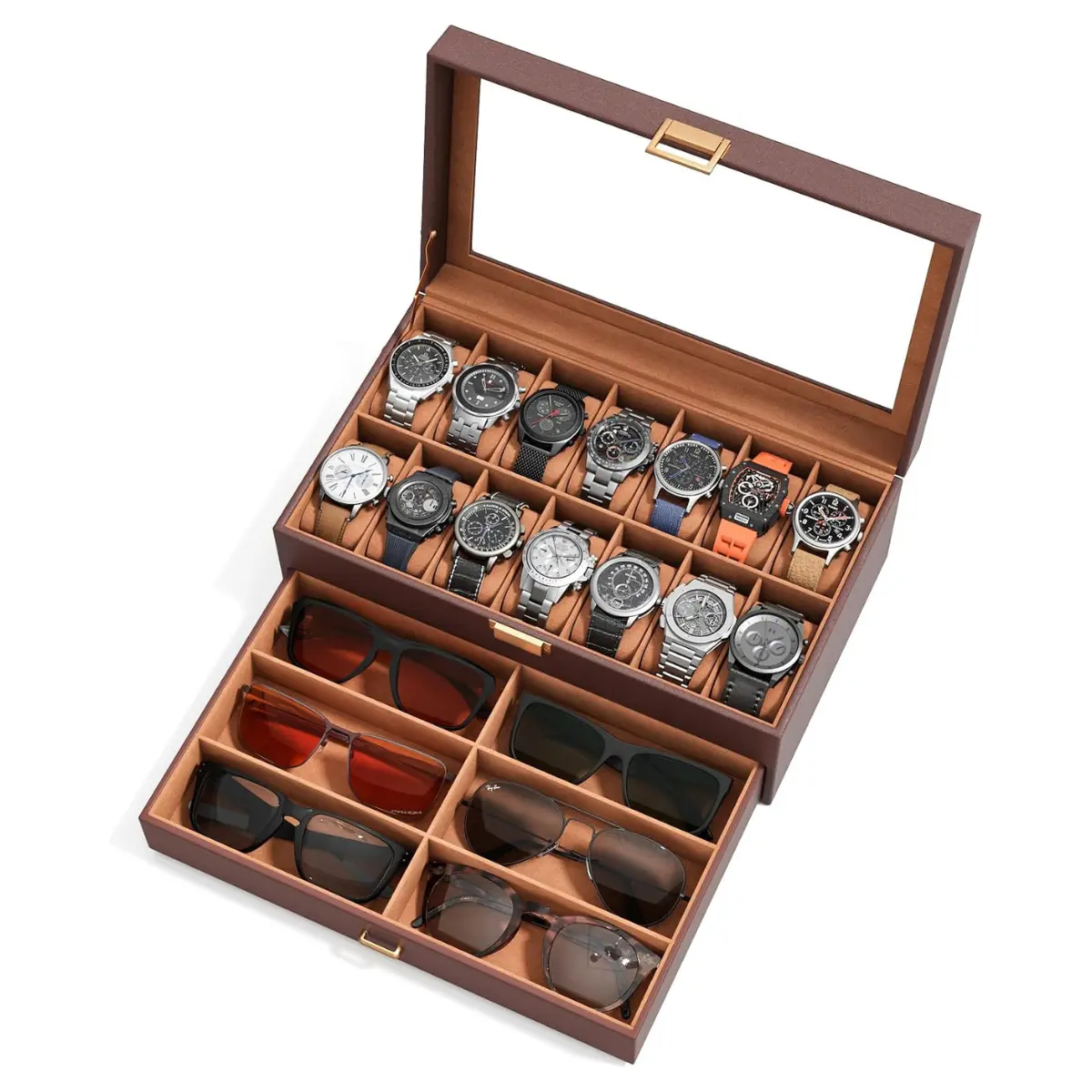 Watch Box for Men, 14-Slot Watch Organizer with 6-Compartment Eyeglass Storage, 2-Layer PU Leather Watch Display Case with Glass Lid, Watch & Sunglasses Holder, Brown