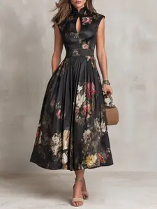 2026 New French Floral Sleeveless Long Dress, Elegant Fitted Patchwork Design, Sexy Waist Slimming Gown, Chic Evening Wear