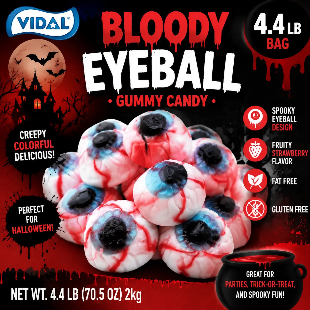 Vidal Halloween Bloody Eyeball Gummy Candy 4.4 lb Bulk Bag Spooky Gummy Treats
