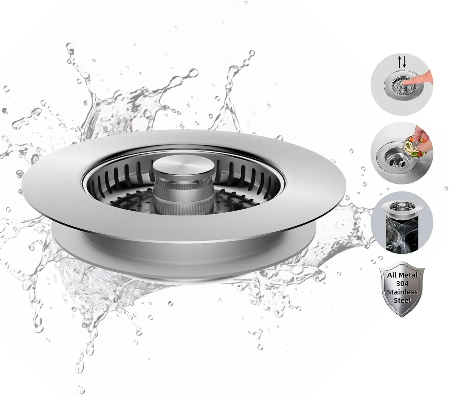All Metal Stainless Steel 3 in 1 Kitchen Sink Drain Strainer, Upgraded Anti-Rust Sink Stop Combo, Anti-Clogging Stainless Steel Basket Strainer with Metal Handle for US Standard 3-1/2" Drain
