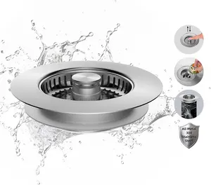 All Metal Stainless Steel 3 in 1 Kitchen Sink Drain Strainer, Upgraded Anti-Rust Sink Stop Combo, Anti-Clogging Stainless Steel Basket Strainer with Metal Handle for US Standard 3-1/2" Drain