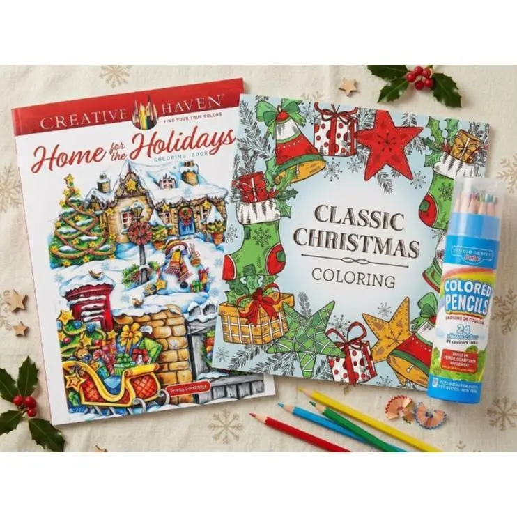 Christmas Coloring Bundle for Adults – Creative Haven Home for the Holidays & Classic Christmas Keepsake Coloring Books + 24 Colored Pencil Set
