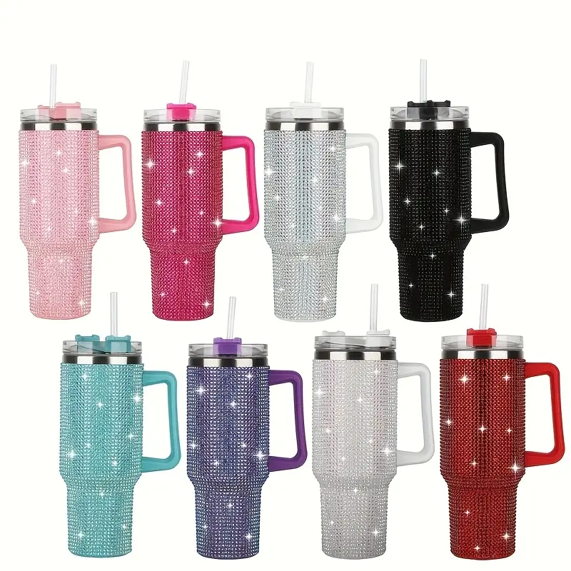 40oz Rhinestone Stainless Steel Vacuum Insulated Tumbler - Sparkle Diamond Glam Design, Portable Water Bottle (2,000 ml and above), Durable Reusable Travel Mug for Family, Hand Wash Only Drinkware, Water Bottles, Stainless Steel Drinkware