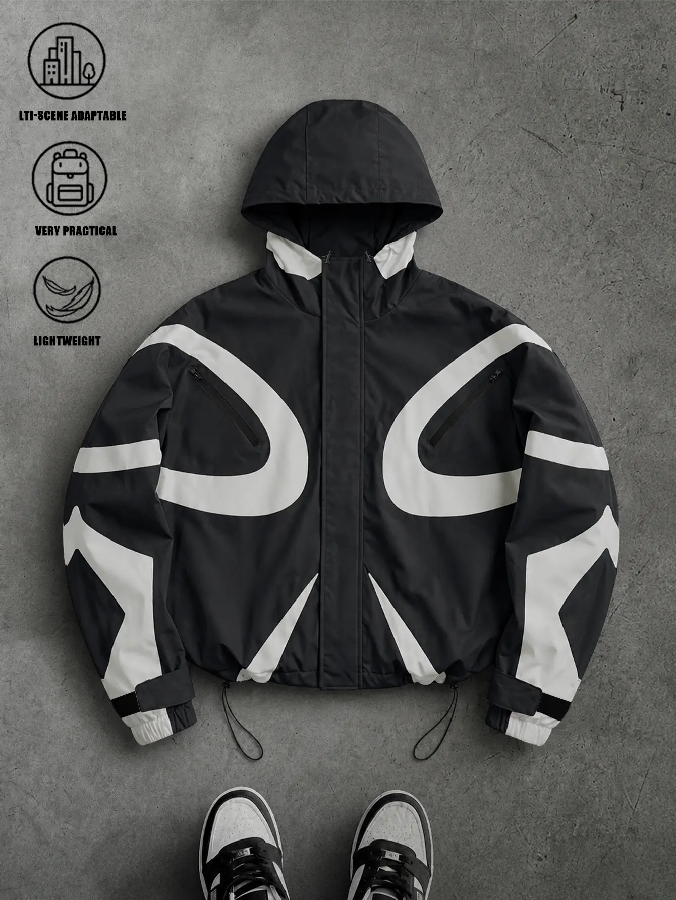Men's Casual Streetwear Windbreaker, Lightweight Color-Block Techwear Jacket with Zip-Up Front, Hood, and Long Sleeves