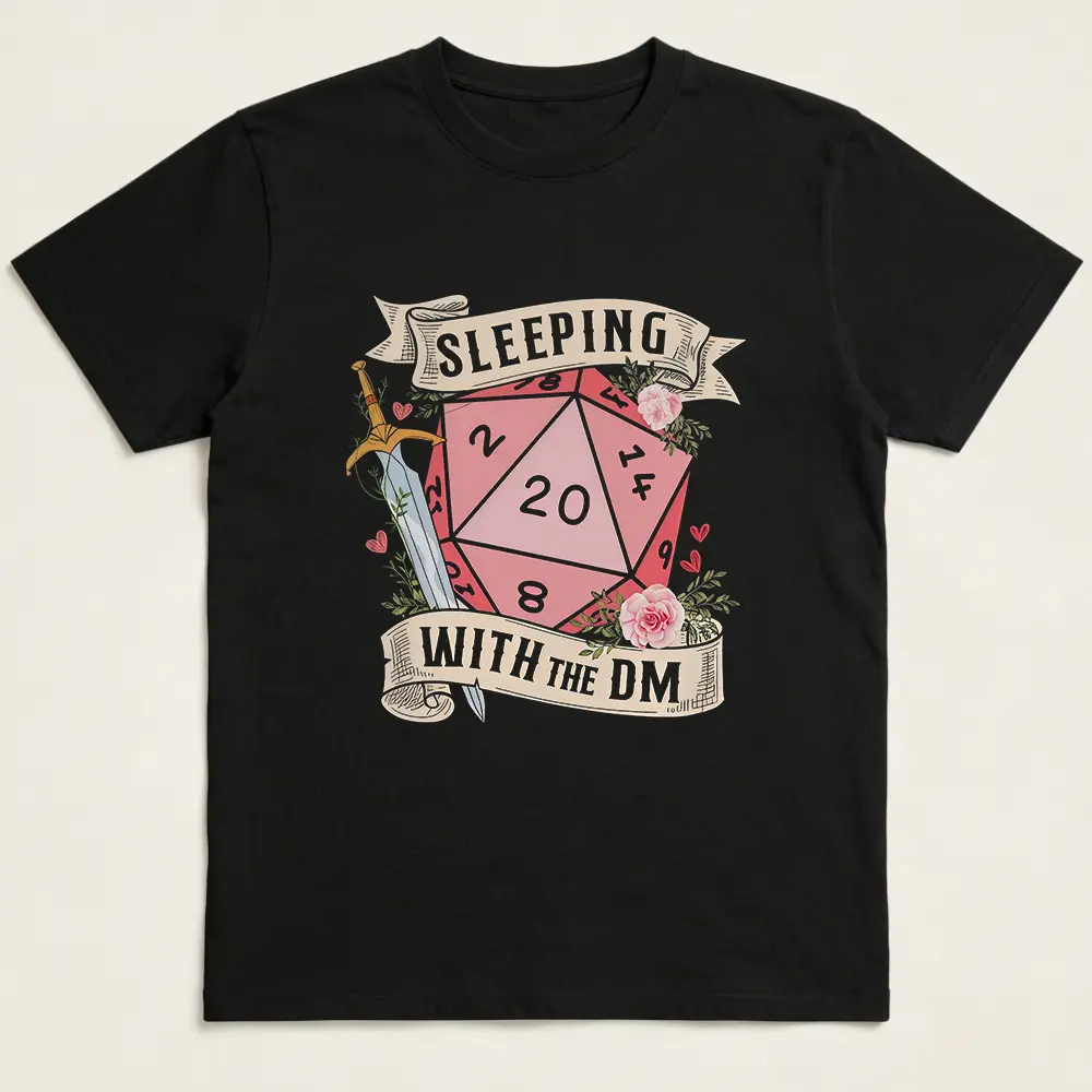 Men's Short-Sleeve Black Plain Cotton Seamless Graphic T-Shirt - Round Neck, Smooth Soft Casual Shortsleeve Top, TTRPG D20 Dice Graphic, "Sleeping With The DM" Design, Tabletop RPG Gamer Gift for Dungeon Masters, Graphic T Shirts