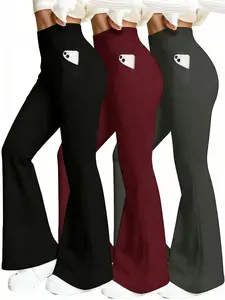 3PCS Women's High Elastic Breathable Pants With Side Pockets, Flared Leg, High Waist, Tummy Control, Soft & Comfortable Yoga Trousers, Outdoor Running Workout For All-season design SpringStatements