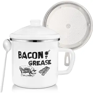 1.5L Bacon  Container with Strainer, 46oz Large Enamel Rustic Farmhouse  Container With Lid & Spoon, Bacon  Keeper for Kitchen Cooking or Frying Oil