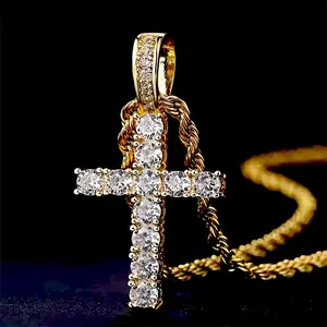 Gold Plated Cross Pendant Necklace with Cubic Zirconia, 24-inch Stainless Steel Twisted Rope Chain, Hip Hop Jewelry for Men and Women