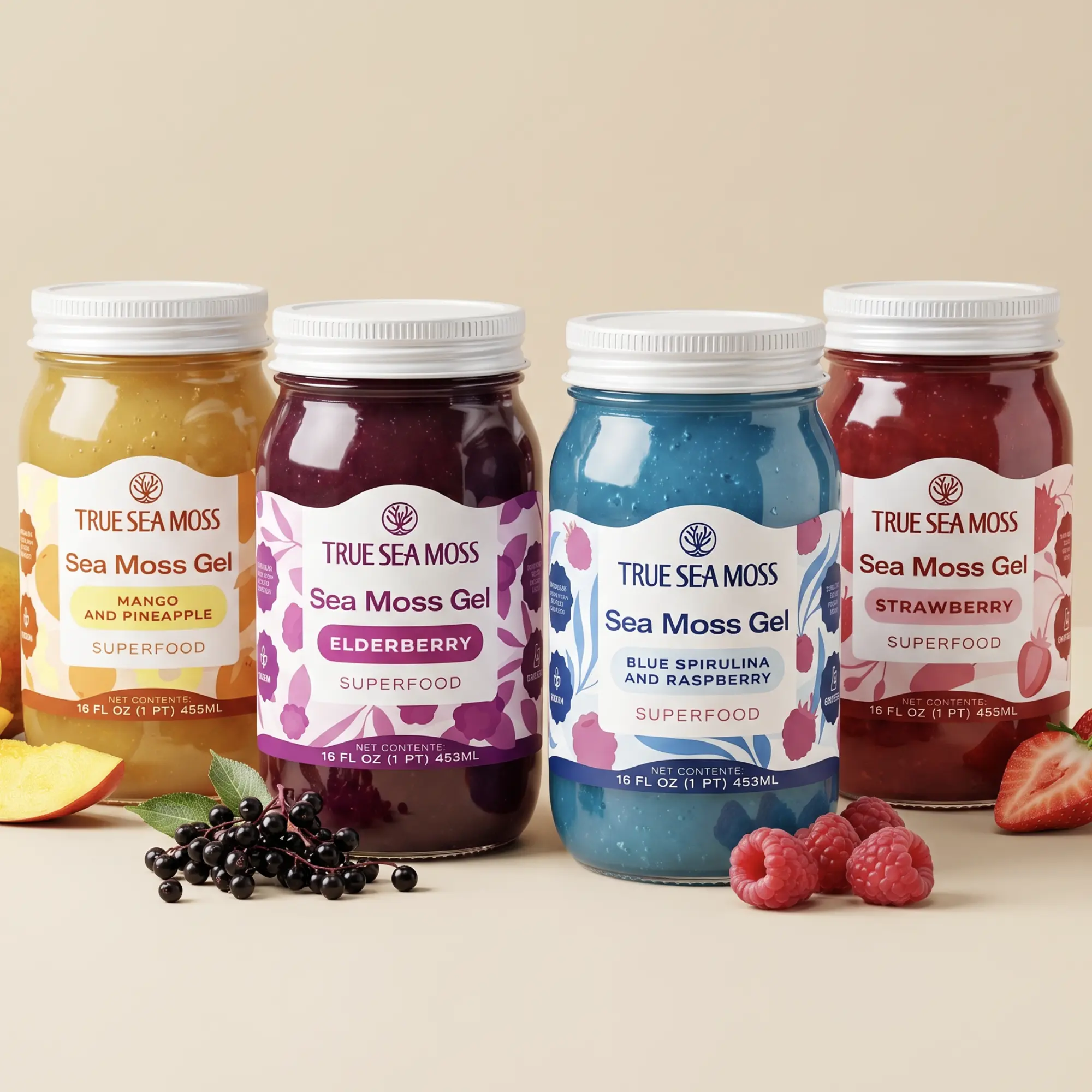 TrueSeaMoss Gel – All Best-Selling Flavors: Mango-Pineapple, Strawberry, Elderberry, Blue Spirulina – Rich in Minerals & Vitamins – supports immunity, improves digestion, boosts energy,  skin & hair health