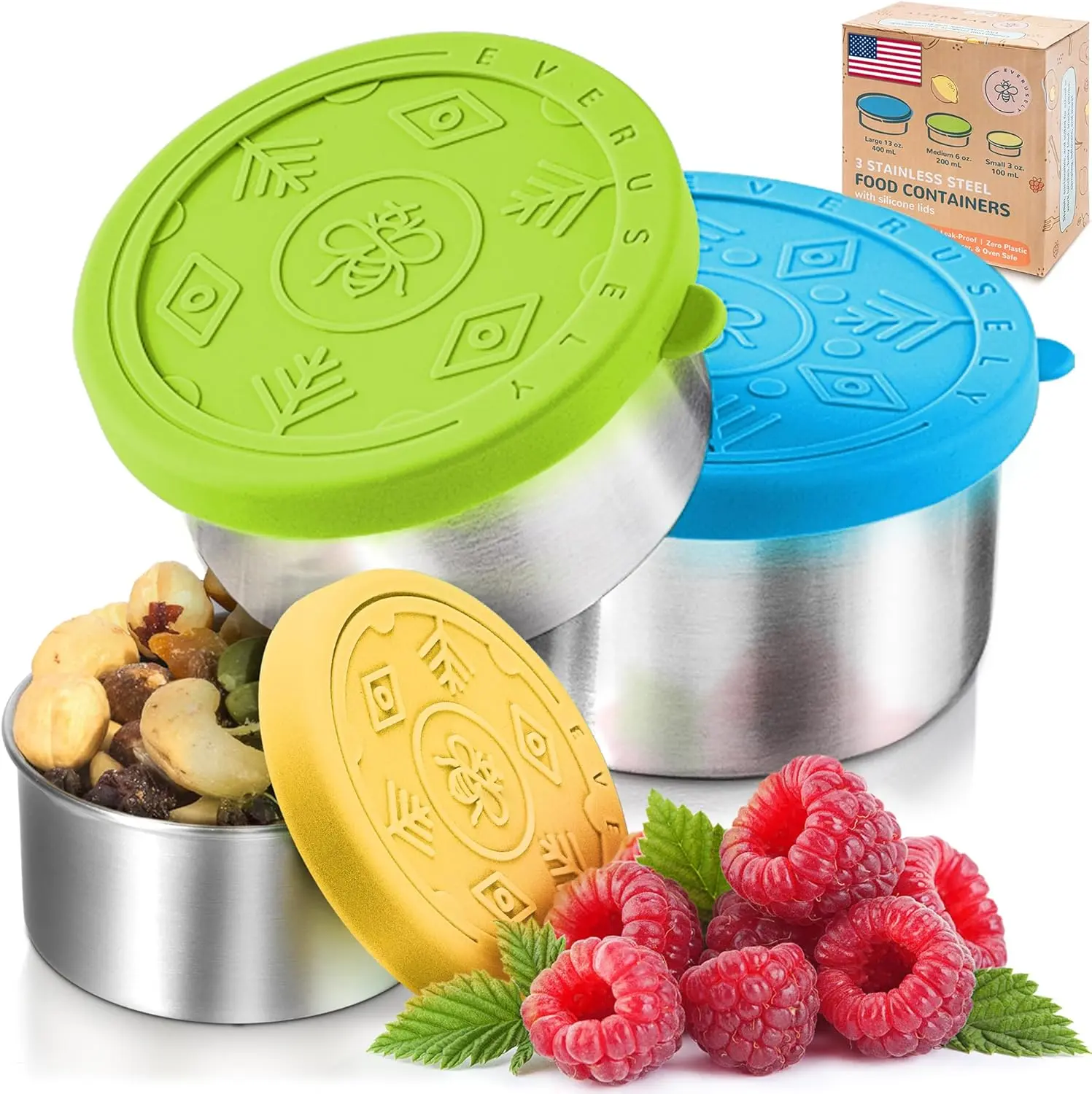EVERUSELY 3-Pack Stainless Steel Reusable Stackable Food Storage Containers Set - Airtight, Hygienic, Food-Safe, Color-Coded Steel Containers with Leakproof Silicone Lids, Travel-Friendly for Home, Dishwasher & Freezer Safe, Airtight Food Containers, Hygi