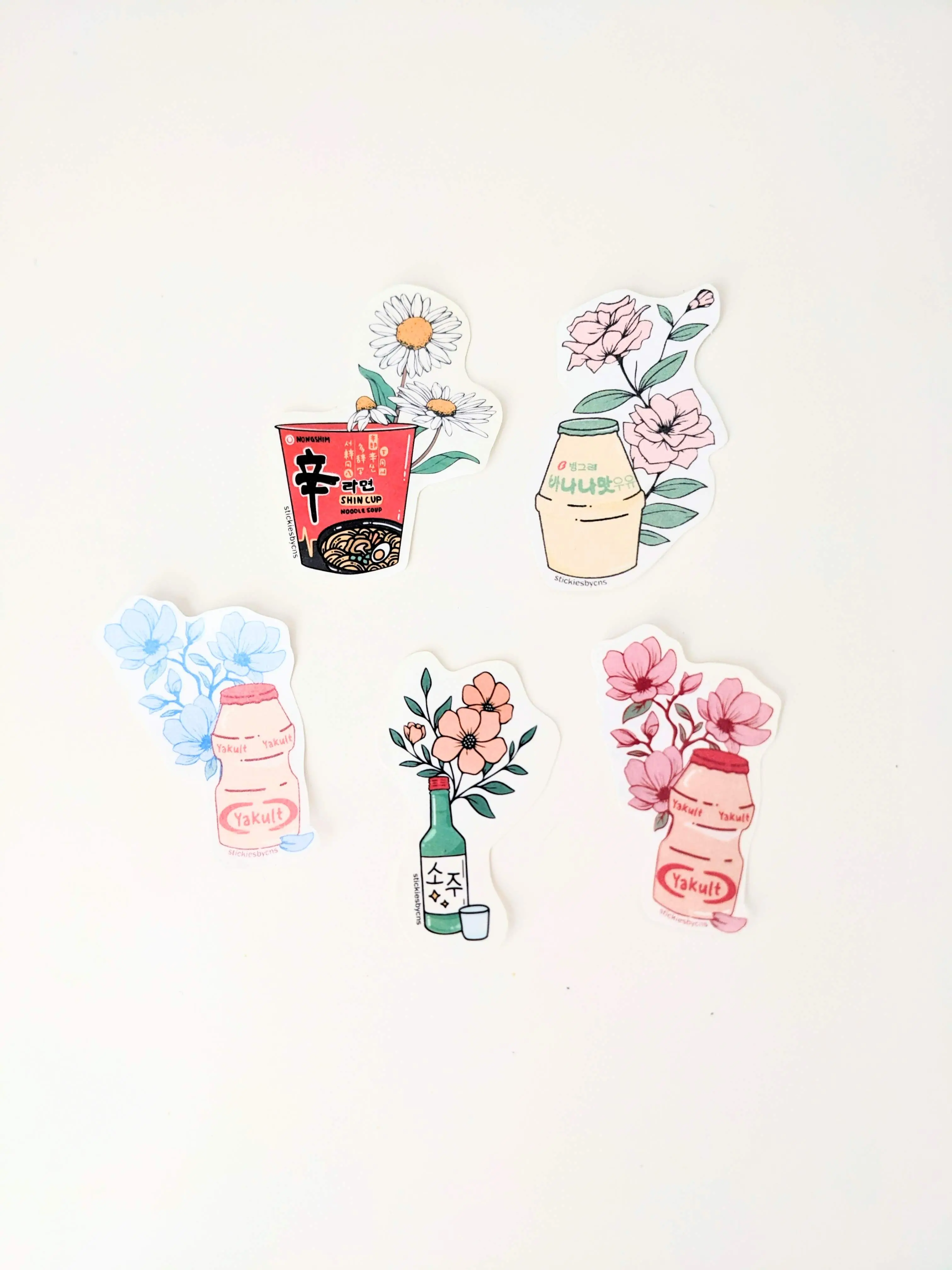 5 Pack Floral Asian Snack Pack Stickers | Asian Snacks, Asian Food, Floral Stickers, Hand Drawn Planner Stickers, Bullet Journal Stickers
