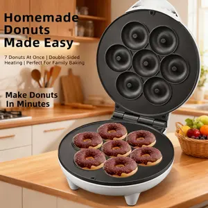 White Household Multifunctional Donut Maker, Double-Sided Heating with Temperature Lock, 3 Minutes to Make Cafe Style Donuts, Double-Sided Heating Donut Maker, Bakes 7 at a Time without Waiting, Mom's Savior