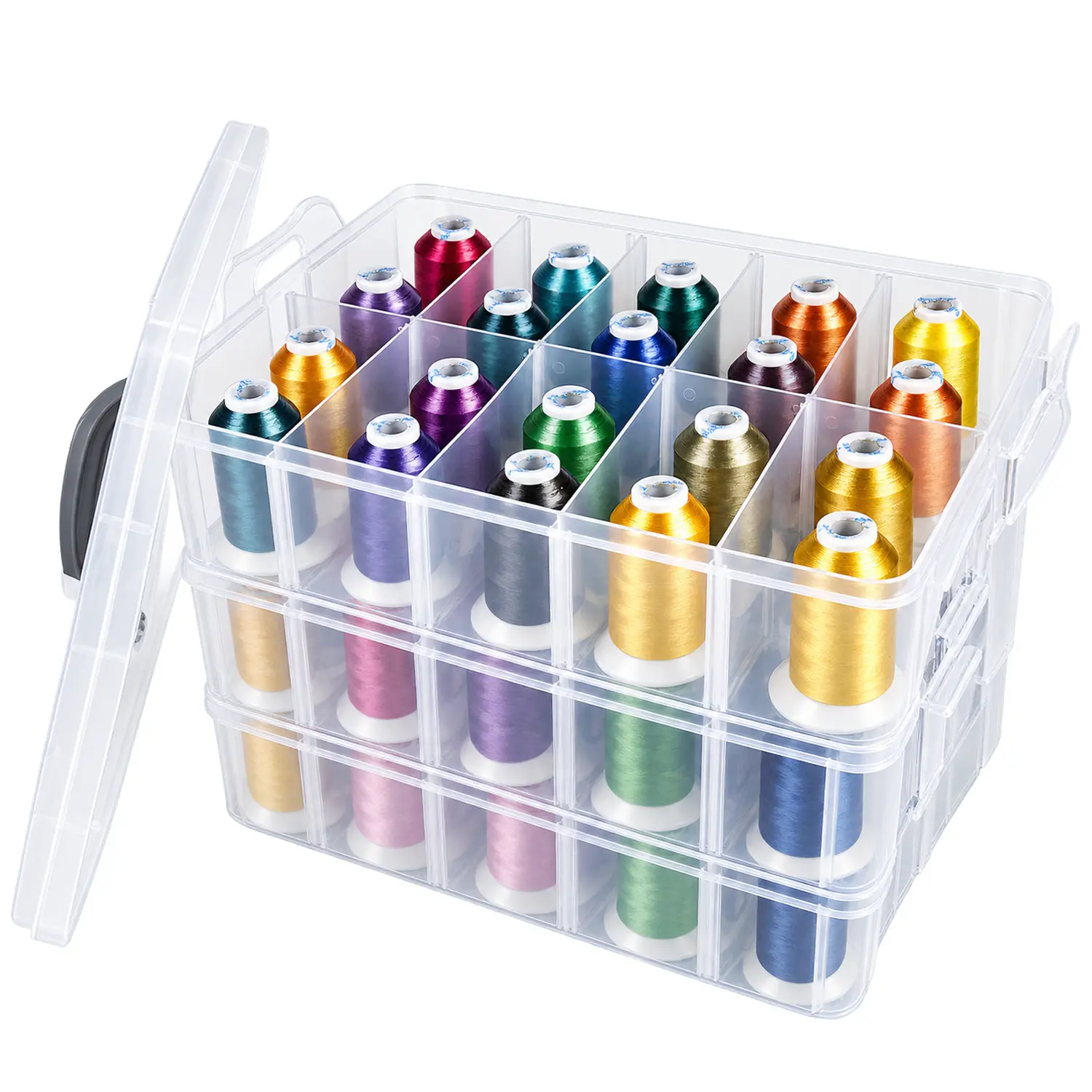 Simthread 63-Vibrant Colors Embroidery Kits, German-Made 40WT Colorfast High Tenacity Thread, 550yd, 3-Layer Stack-Lock Organizer Stackable Box, Machine-Friendly, 4 Thread Nets, Customizable Storage Solution for Home Decor & Embroidery Sewing Machines