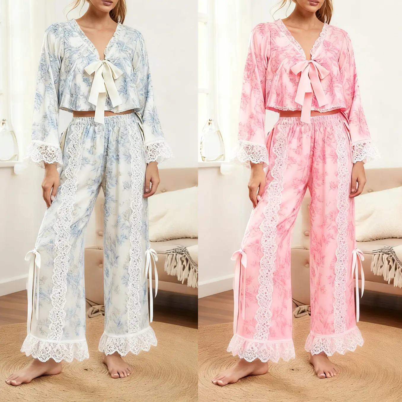 Women’s Two Piece Pajamas Set Long Sleeve Bow Front Crop Tops and Pants Loungewear