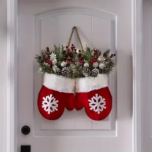 Front Door Christmas Wreath - Christmas Glove Wreath Band with Artificial Pine Branches + Red Berries + Frosted Pine Cones, Suitable for Indoor Decoration, Special for Christmas Tree/Wall Decoration/Christmas Arrangement, Holiday Door Decoration