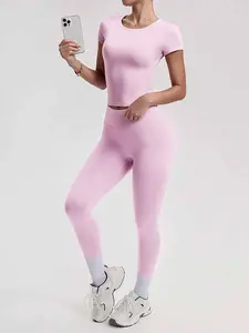 Athleisure wear set, 2-piece set - Solid color round-neck T-shirt short sleeves, Women's high-waisted lifting and tucking in tight-fitting sports pants, suitable for daily yoga and gym workouts