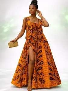 Women’s African Print Three Piece Maxi Skirt Set – Orange Ankara Crop Top, Vest and Flare Skirt