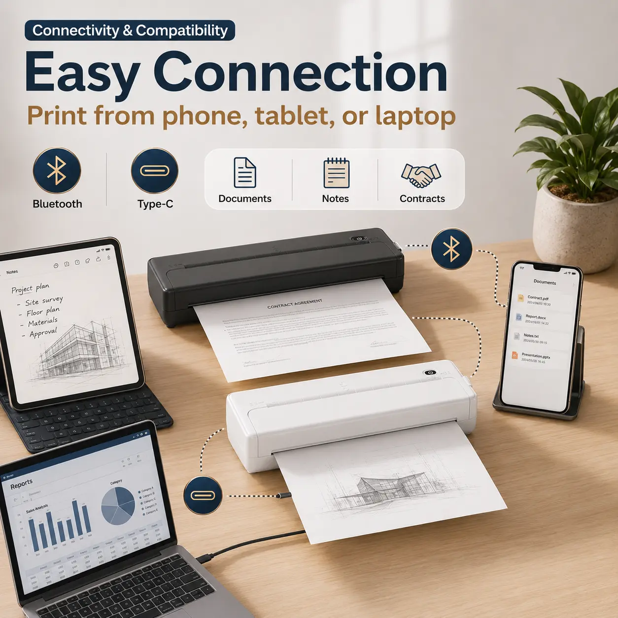 ZRZTM Portable A4 Thermal Printer, 203 DPI Inkless Bluetooth Mobile Printer, USB-C 2000mAh Rechargeable Wireless Printer with 50 Sheets of 210 x 297 mm A4 Thermal Paper, for iOS Android Laptop, Travel Office School & Gifts