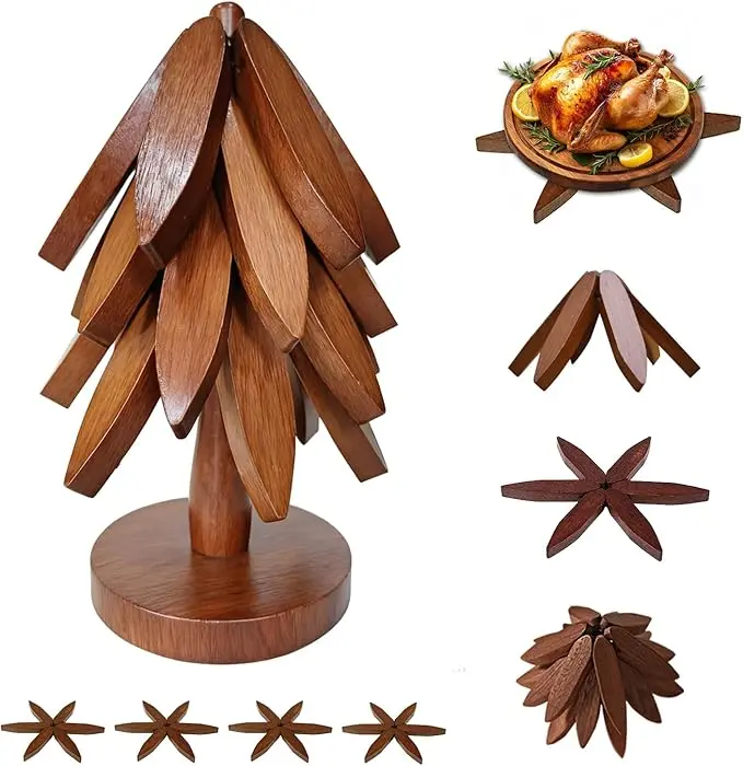 Original Wood Bamboo Tree-Shape Trivet Set - 4 Trivets with 1 Stand, Heat-Resistant Foldable Kitchen Countertop Protector for Hot Dishes, Holiday Gift Multi-Functional Coaster Tableware