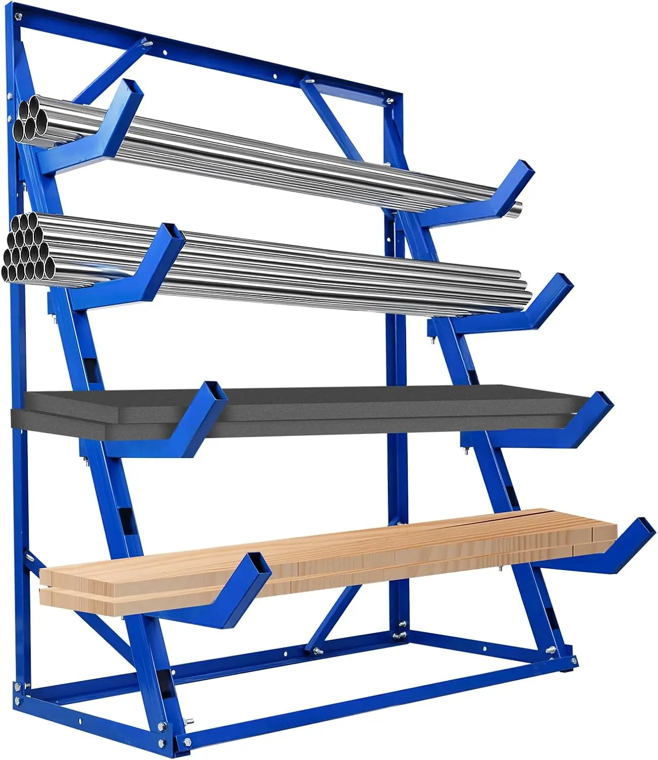 4 Tier Utility Cantilever Rack, Industrial Steel Horizontal Lumber Storage Rack, 2000lbs Load Capacity Heavy Duty Lumber Storage Rack, for Garage, Workshop and Shed