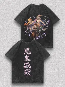 valentine shirts Men's Distressed Double-Sided T-Shirt - Demon Slayer Tanjiro, Zenitsu & Inosuke Trio Print, "Demon Extermination" Text Retro Niche Design Top