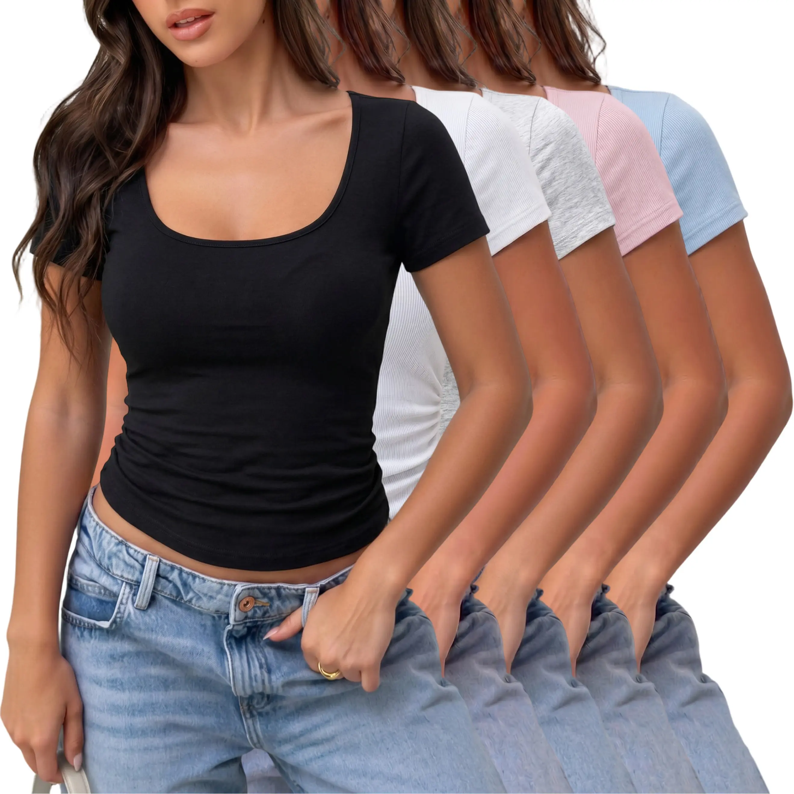 Women’s 5-pack U-neck cropped T-shirts, cotton slim-fit short-sleeve fitted base layer tops that flatter the collarbone and are versatile basic casual styles, suitable for travel and everyday wear.