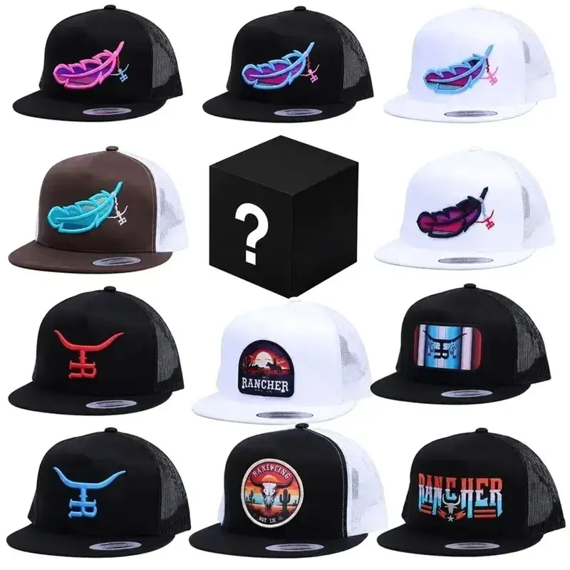 Mystery One Hunting 7 Panel Hat Sent , Feathered Outlaw - The Ranncher Hat Collection Brown/Turquoise Feather, Embroidered hat, Snapback, Mesh hat ZVWIRY
