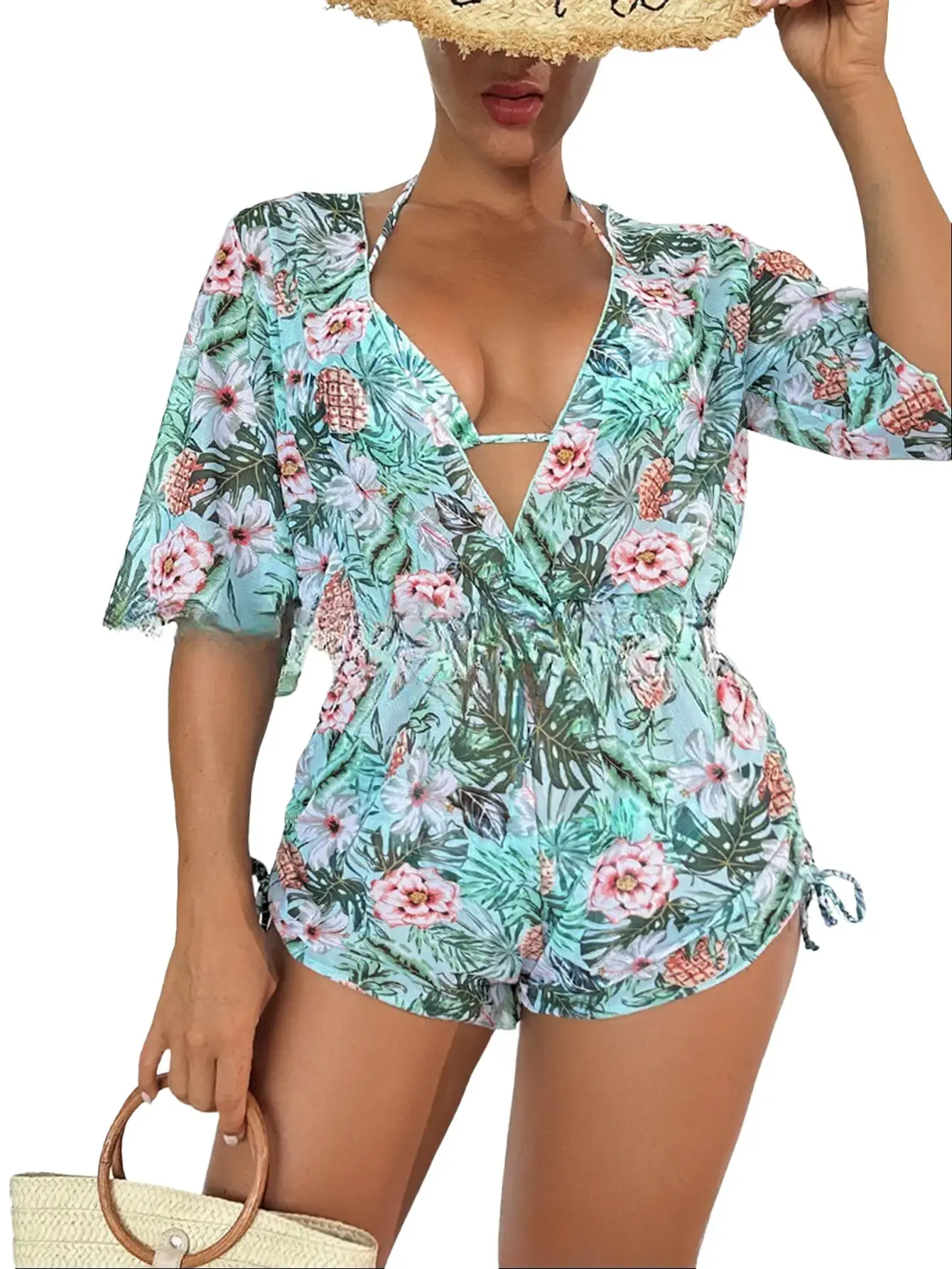 Women's 3 Piece Bikini Swimsuit Halter Drawstring Bathing Suit with Cover Up