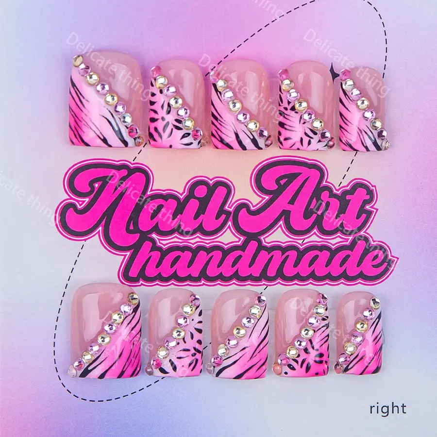 Delicatething Y2K Style Nail Set Nail Art Products, Handmade Square Duckbill Nails, Nail Design, Rhinestone Embellished, 4 Sizes XS S M L, Perfect Gift for Girls, Includes Jelly Glue Crystal Stick