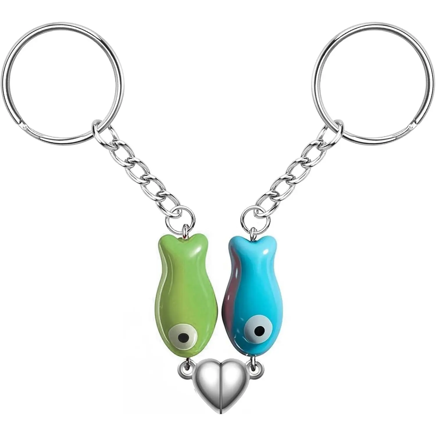 Handmade Colored Ceramic Matching Magnetic Couple Fish Keychains, 2-in Heart Charm, 3/4-in Accent, Small Unisex Valentine Gift for Couples, Friends, Birthday Anniversary, Matching Couple, Christmas