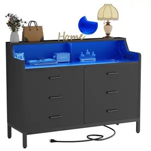 Homieasy 6 Drawer Dresser for Bedroom, Wooden Chest of Drawers with Power Outlets and Smart LED Light, Sturdy Modern Bedroom Furniture, Wide Storage Dresser for Living Room, Closet, Entryway, Black