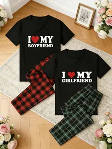I Love My Boyfriend/Girlfriend Couple Pajama Set, Trending Matching 2 Piece Loungewear with Plaid Pants, Breathable Sleepwear for Couples, Perfect for Home Relax, Valentine's Day Gift, Nightwear & Cozy Couple Outfit