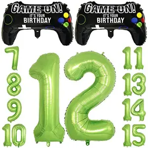 Video Game Party Balloons for Boys 12th Birthday Decorations- 2 Packs Game Controller Mylar Balloons with Green Number Balloons 12