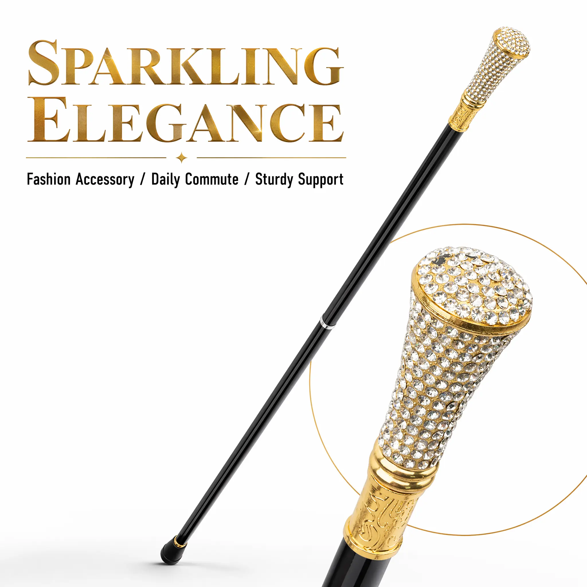 Walking Cane Gold Crystal Rhinestone Elegant Design for Daily Use Hiking Outdoor Walking Sturdy Support for Men and Women