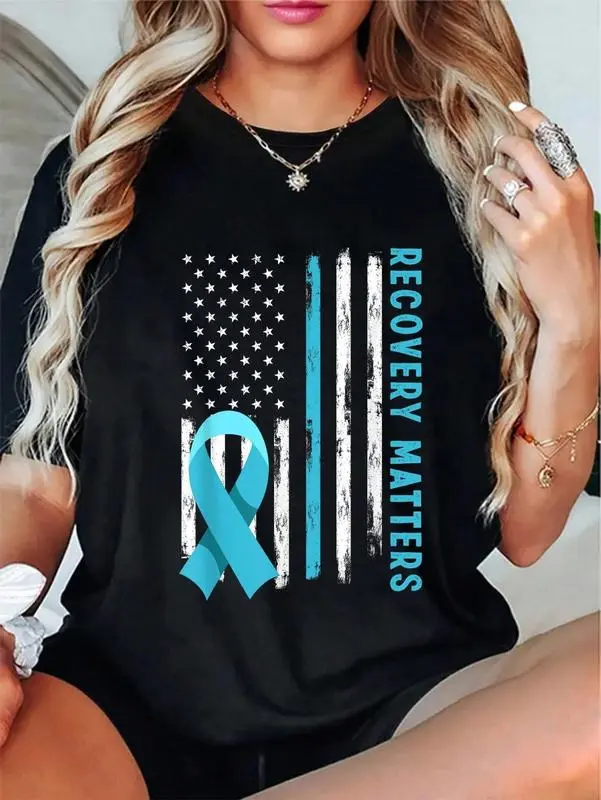 100% Cotton American Flag Drug Alcohol Addiction Recovery Awareness T-Shirt Women's vintage Summer vacation tops Graphic Tee