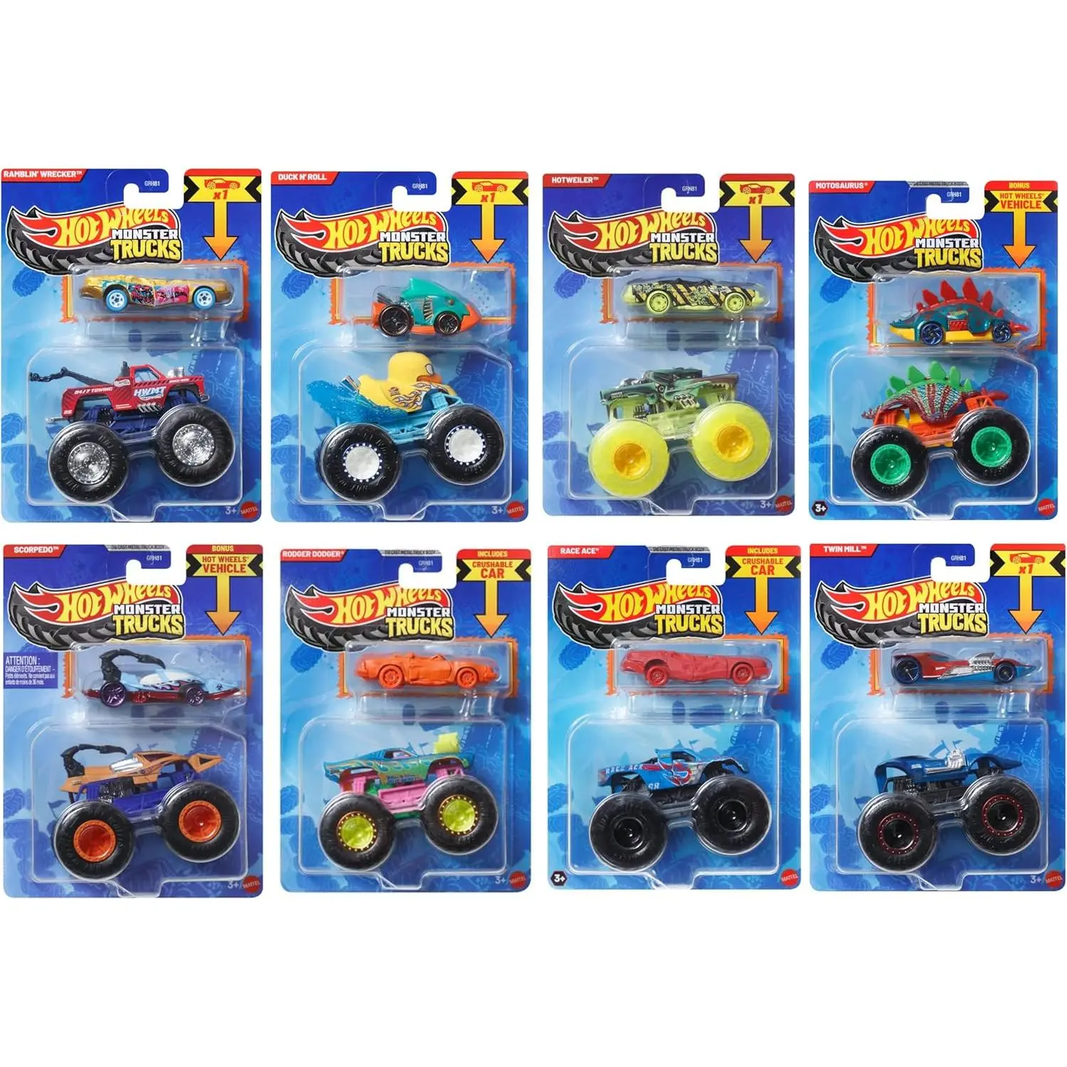 Hot Wheels Monster Trucks 8-Pack with Bonus Cars, GRH81-999R Bundle, Ages 3+