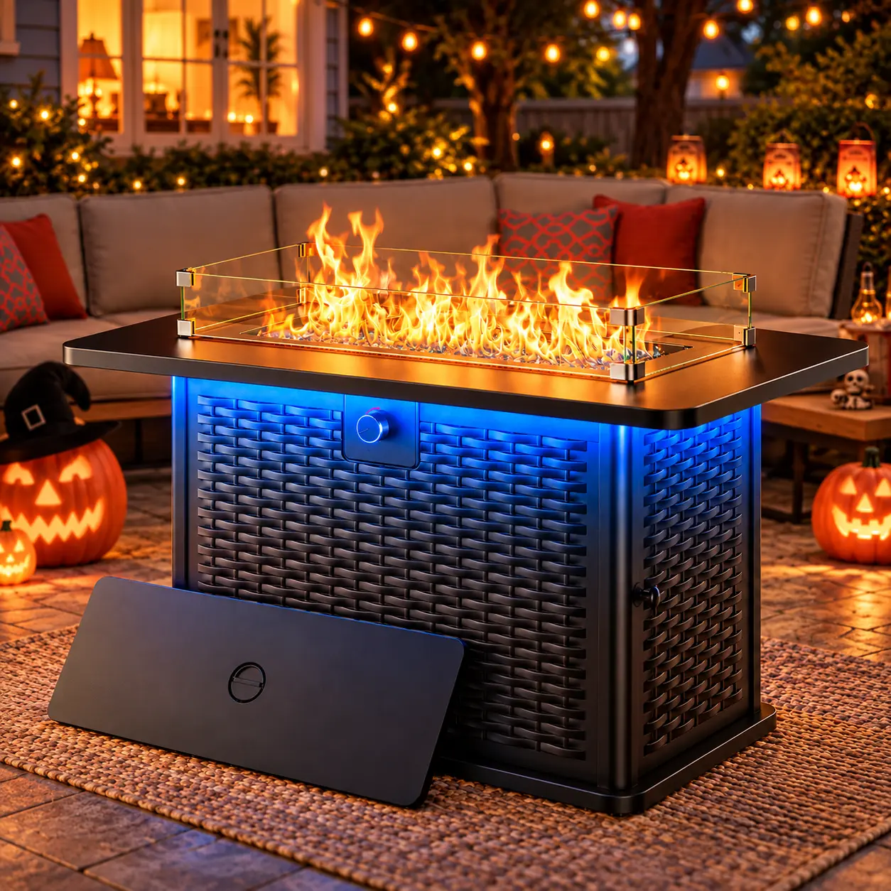 43" Rectangular Propane Fire Pit Table - 60,000 BTU CSA Certified 2-in-1 Modern Solid Steel Outdoor Fireplaces, RGB Lights, 304 Stainless Steel H-Burner, Adjustable Flame, Glass Stones, Wind Guard, Cover, Black for Patio Family Gatherings, Modern Outdoor