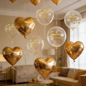 15 piece set of golden aluminum foil balloons, transparent bobo balloons, and golden love balloons, suitable for decorating birthday parties, Valentine's Day, weddings, anniversary celebrations, and Mother's Day, Party Balloons Decorations, Happy Birthday