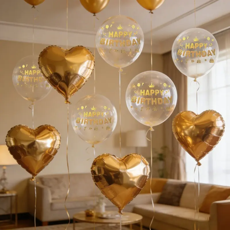 15 piece set of golden aluminum foil balloons, transparent bobo balloons, and golden love balloons, suitable for decorating birthday parties, Valentine's Day, weddings, anniversary celebrations, and Mother's Day, Party Balloons Decorations, Happy Birthday