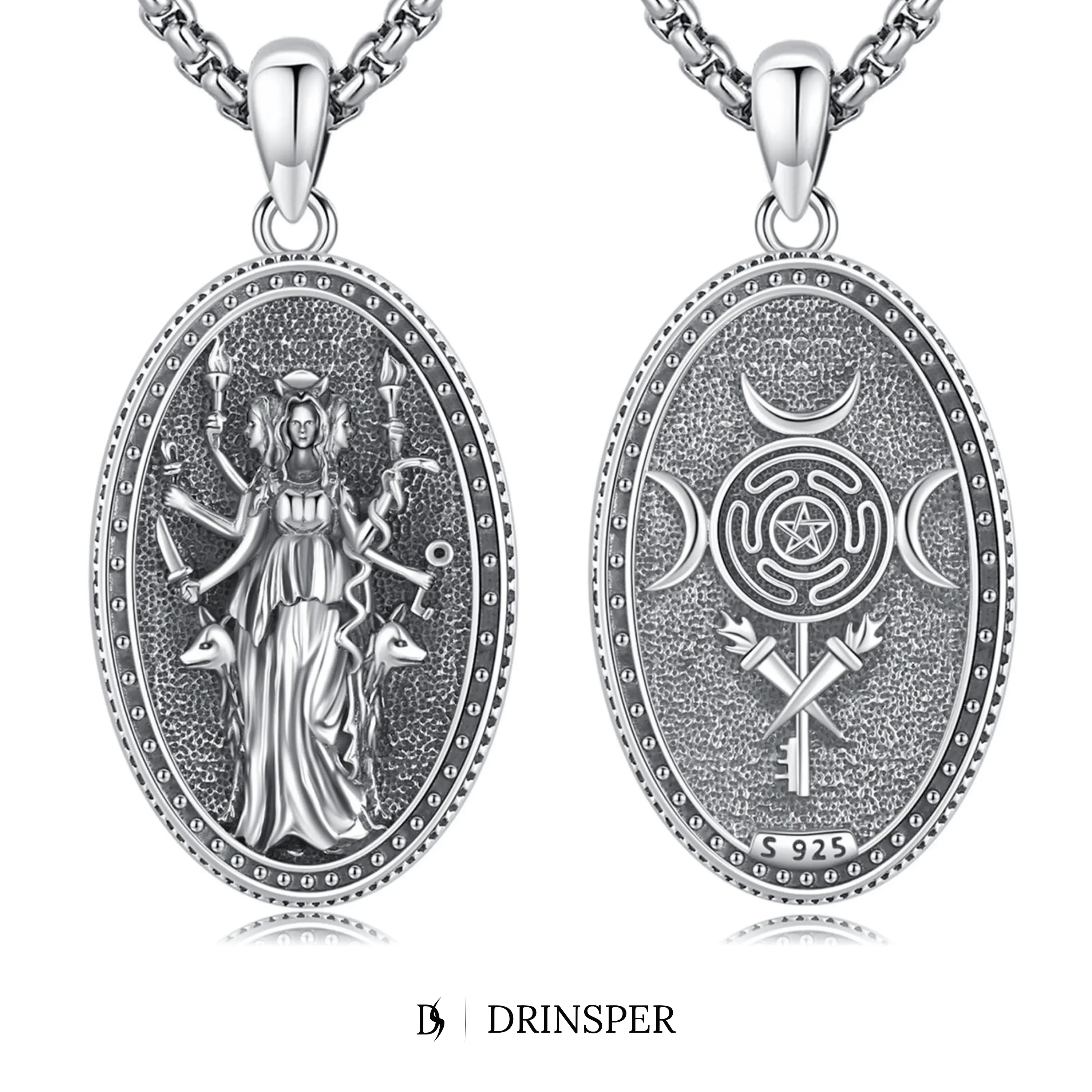 DRINSPER Hecate Necklace for Women, 925 Sterling Silver Triple Moon Spiritual Pendant, Non Tarnish Pagan Wiccan Amulet Jewelry, Silver Necklaces & Pendants, Non Tarnish Jewelry
