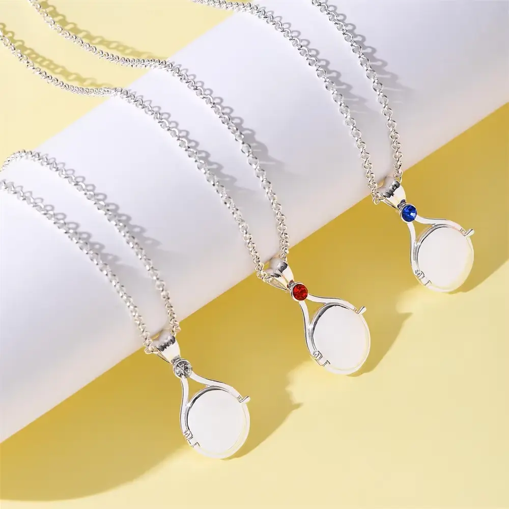 Obega Silver Plated Locket Necklace for Women Round Photo Pendant with Red/Blue Zircon Fashion Memorial Jewelry