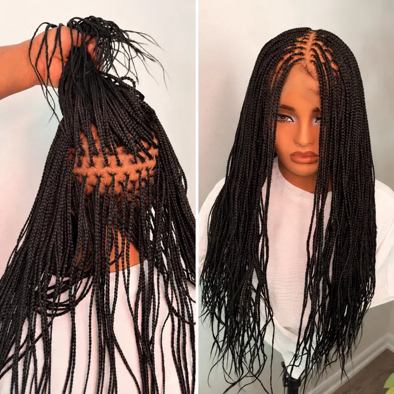 EverythingWigsBe Micro Knotless Braided synthetic Wig – Tiny Small Knotless Braids, Synthetic Full Lace Wig, Medium Cap Size (21–22 Inches), Natural-Looking Hairline