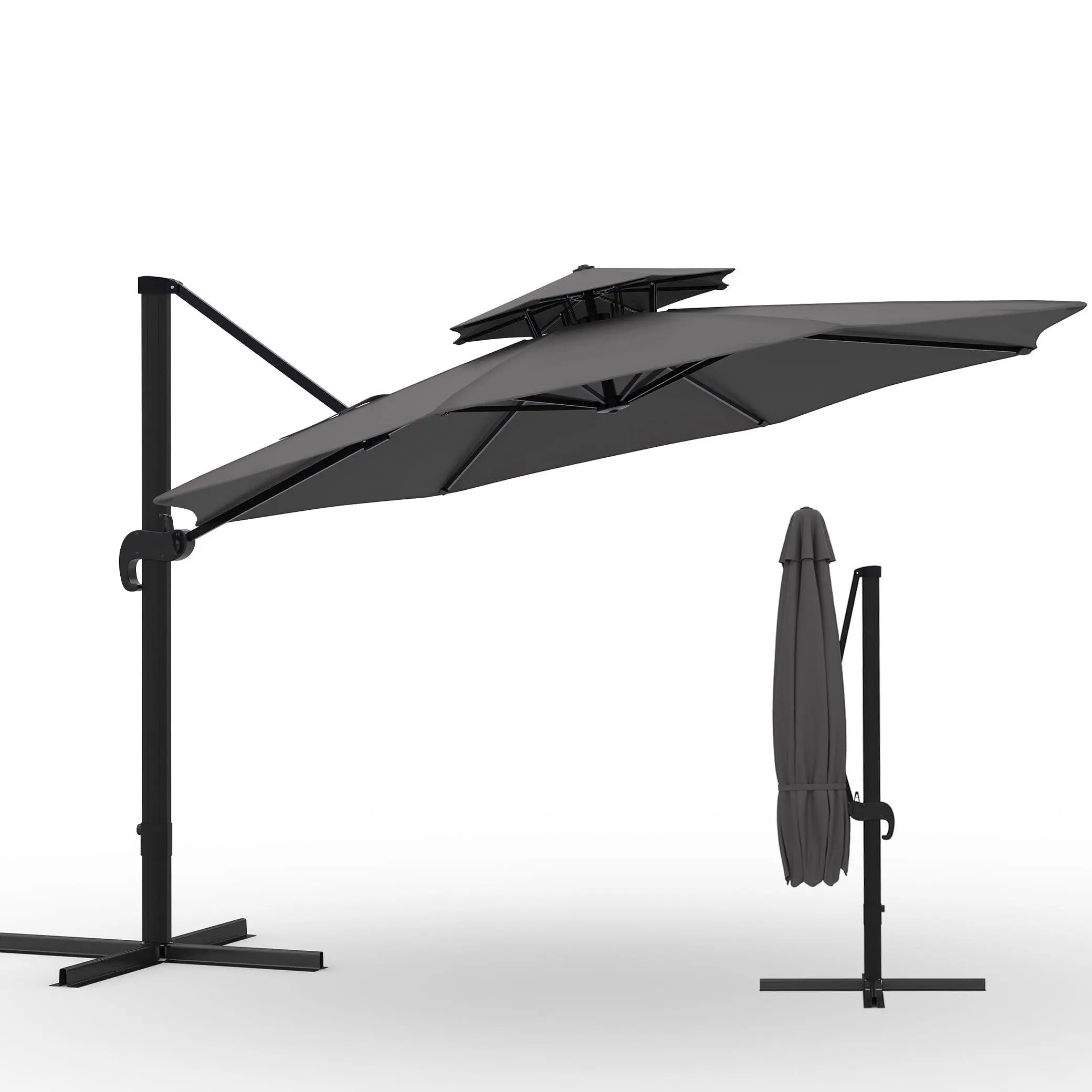 GAOMON 10x10 ft Round Outdoor Umbrella, Cantilever Patio Umbrella with 360° Rotation & Adjustable Height, Heavy Duty Aluminum Umbrella Outdoor Patio for Garden Poolside,Grey (Base Not Included)